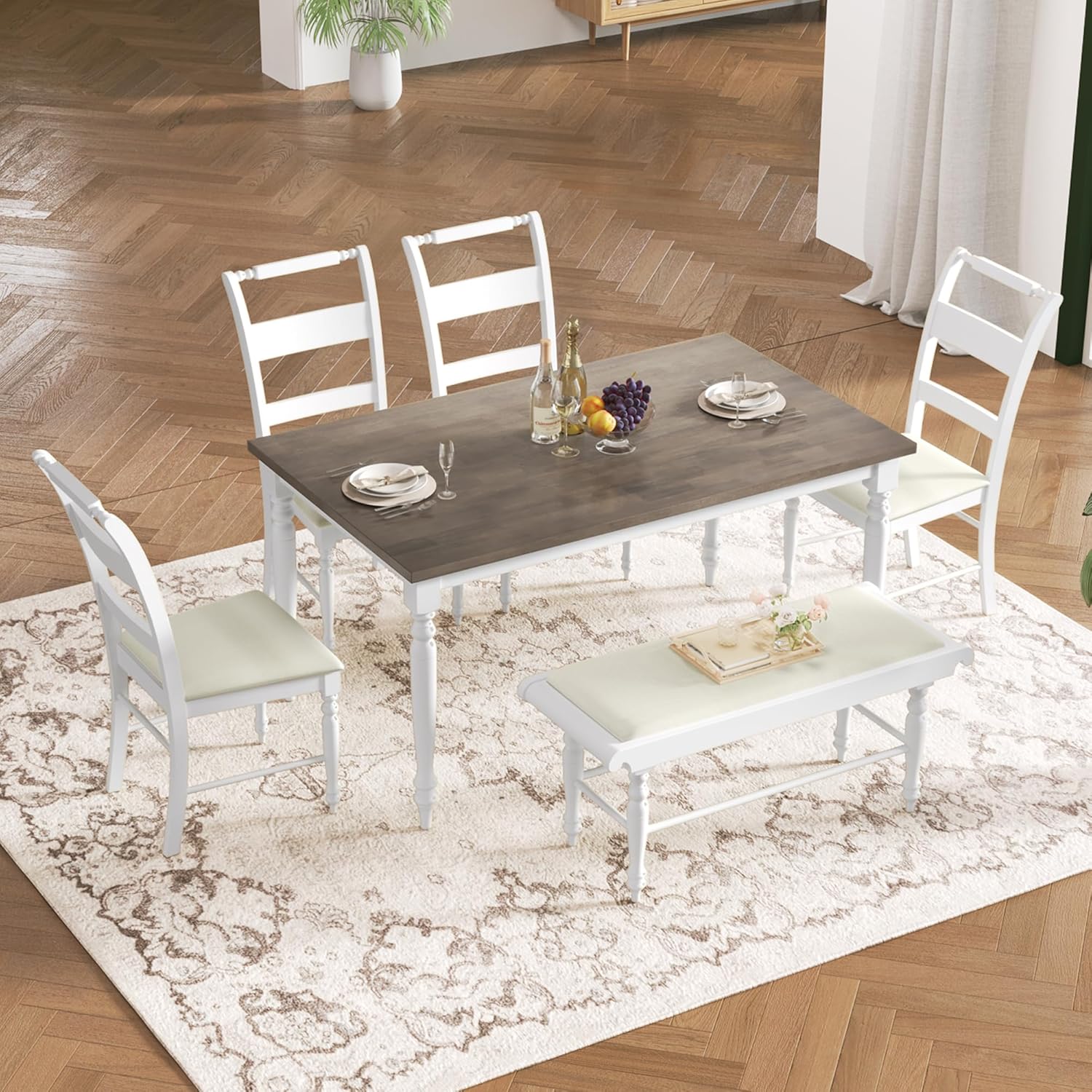6-Piece Dining Turned Legs, Retro Style Wood Rectangular Kitchen Table Set with 4 Upholstered Chairs and Bench, White