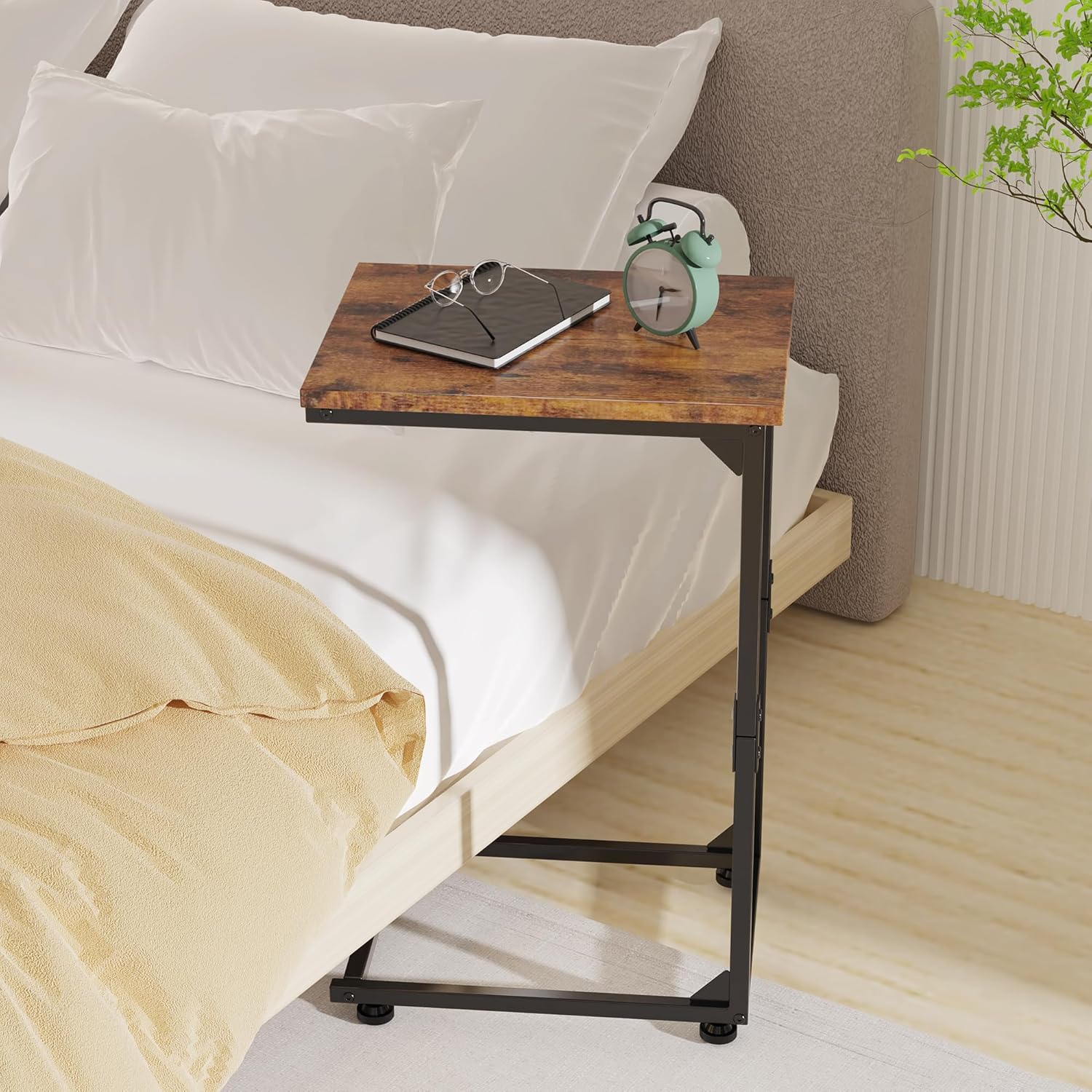 C Shaped End Table, Small Side Table for Couch (Rustic Brown and Black) & Small End Table for Small Space (Grey)