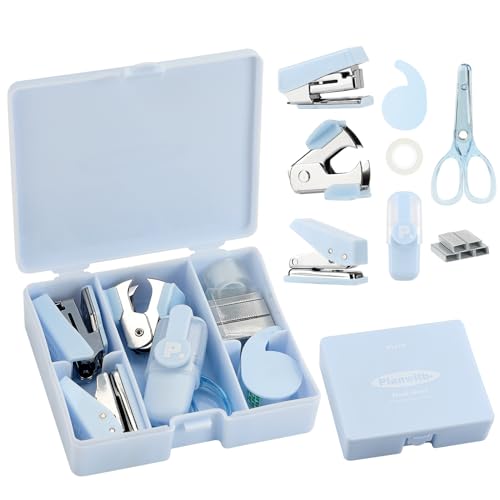 EooUooIP Practical and Beautiful Office Supplies Blue Handbook Tool Box,Stapler Tape Staples Hole Puncher Paper Scissor for Efficient Work and Stylish Gifting. Visit The EooUooIP Store