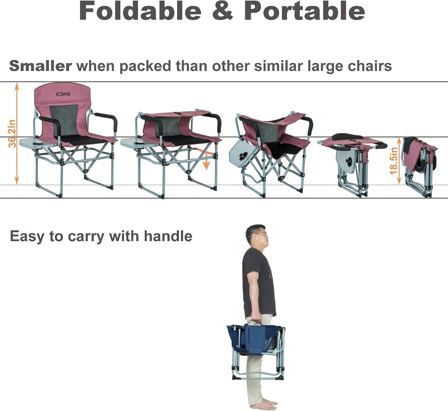 iClimb 2 Heavy Duty Compact Folding Chair and 1 Folding Square Table Buddle for Adults Outdoor Camping Glamping Picnic Backyards BBQ
