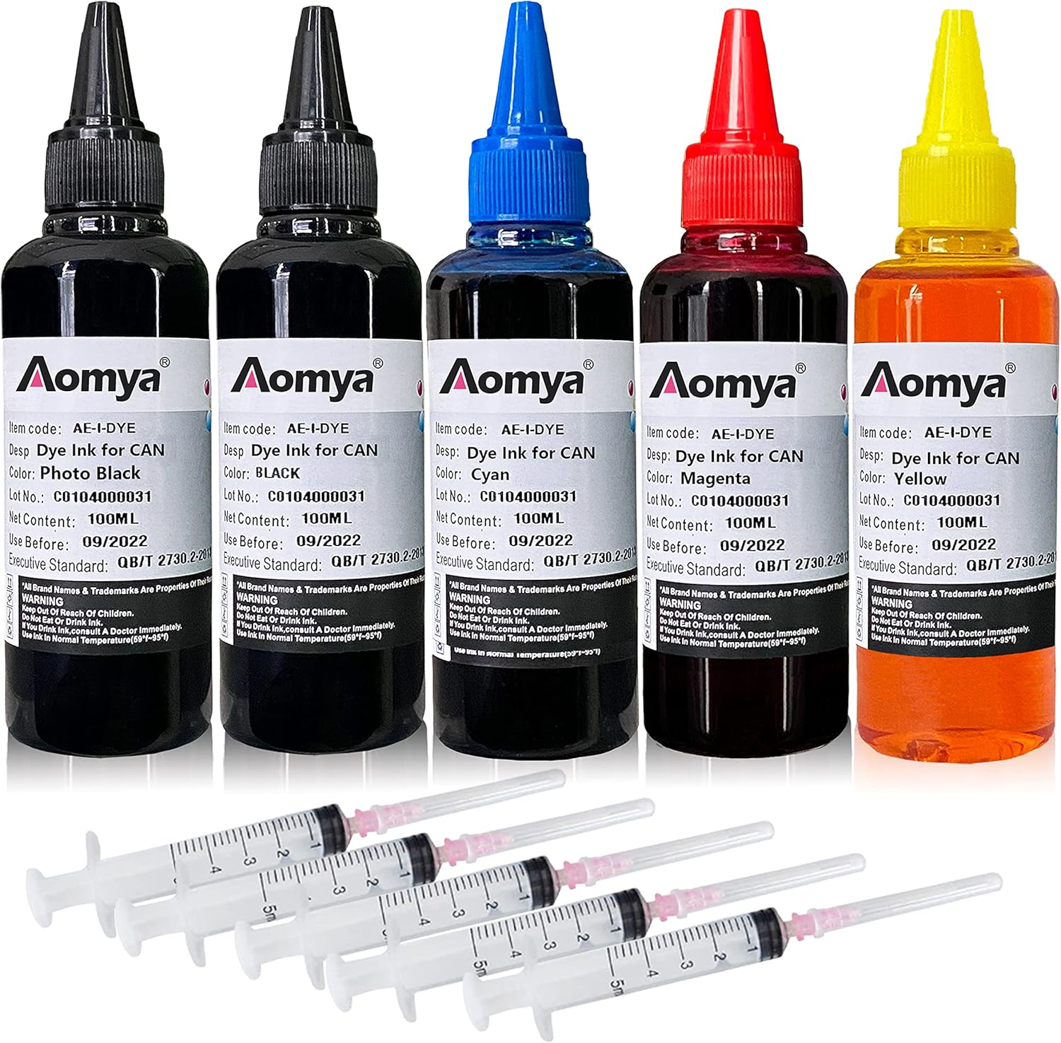 Aomya Ink Refill kit 5x100ml for Canon 250 251 270 271 280 281 1200 2200 PG240 CL241 PG245 CL246 PG210 Refillable Ink Cartridge CIS CISS System with 5 Syringes (PBK, BK, C, M, Y)