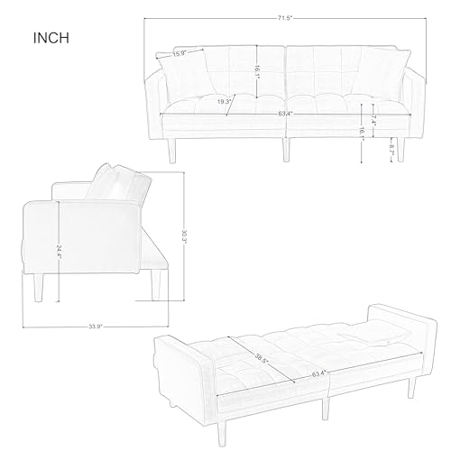 Tufted Futon Sofa Bed, Sleeper Couch, Modern Folding Loveseat Convertible Recliner Lounge with Wooden Legs for Living Room,Office,Apartment, 71.5