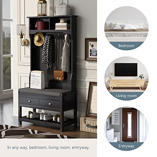 3-in-1 Hall Tree,Hall Tree with Bench and Shoe Storage,Hall Tree with Flip-Up Bench and Adjustable Shelves,Entryway Furniture with Hooks,for Entryway Hallway Mudroom Living room(White)