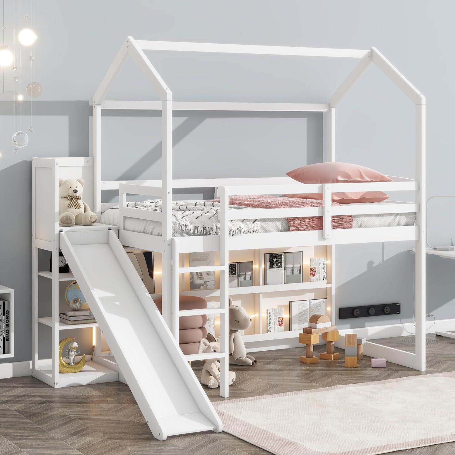 Twin Size Slide, Storage Shelves and Light, Climbing Ramp,Solid Loft Kids,Wood Play House Bed for Girls/Boys/Toddlers,White, 80.7