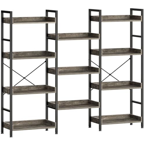 Rolanstar Bookshelf 5 Tiers with 4 Hooks, Triple Bookcase with Open Display Shelves, Industrial Wide Bookshelf with Metal Frame for Living Room, Office, Grey