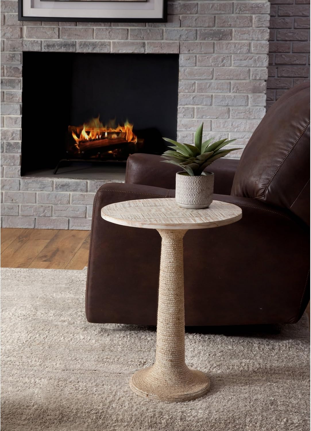 Solid Wood White Wash Round End Table with Jute Rope Wrapped Base Nautical Coastal Rustic Weathered Finish Distressed