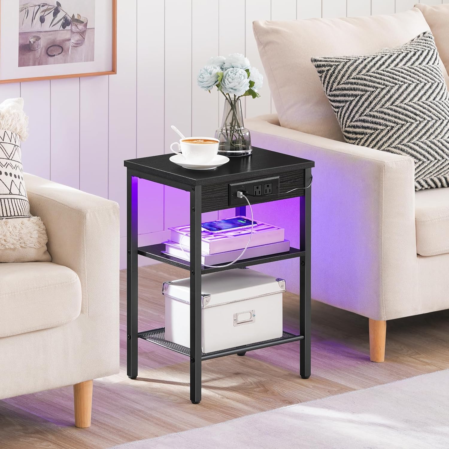 HOOBRO Side Table and Nightstand with Charging Station and LED Light Bundle, End Table with Storage Drawer for Bedroom, Living Room BB112UDBZ01-BB142UDBZ01