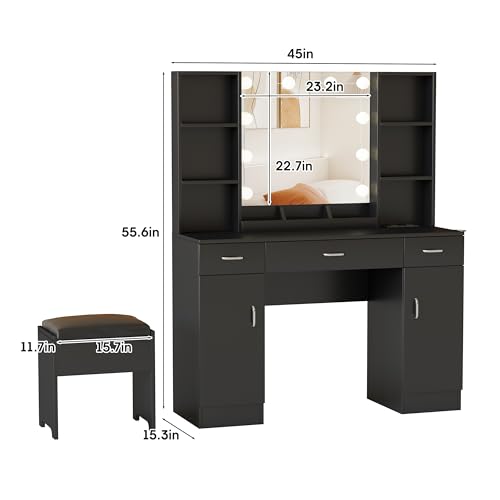 Vabches Vanity Mirror with Lights, Big Makeup Vanity Table Set with Comfortable Bench and Side Cabinets, Lots Storage, 45.2inch, White (Casual)