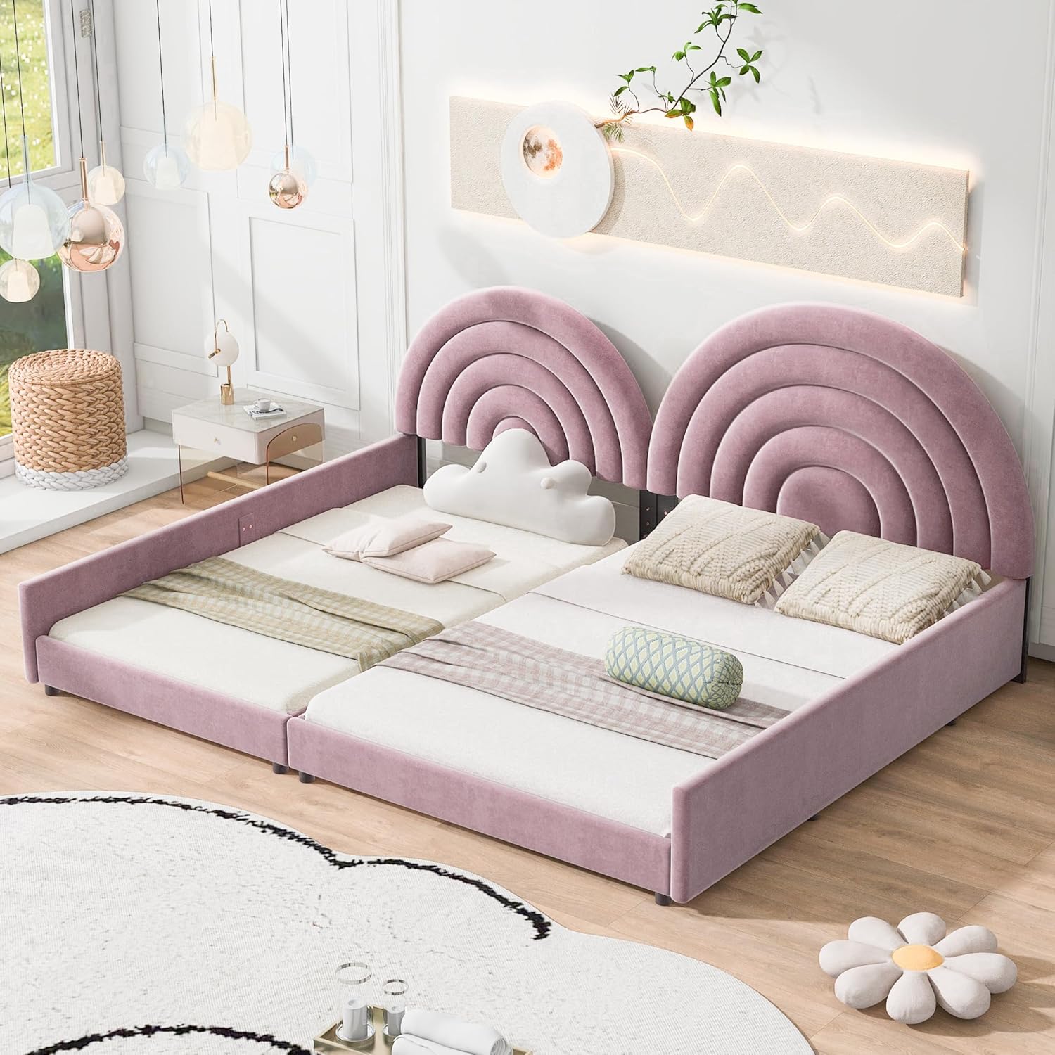 Twin+Full Double Bed Frames for Kids, Velvet Upholstered 2 Princess Platform Beds with Semicircular Headboard, Can be Separated 2 Beds, No Box Spring Needed, Easy Assembly, Pink