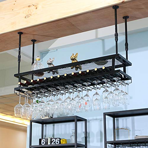 Industrial Hanging Wine Rack Freestanding Wine Racks & Cabinets,Adjustable Ceiling Bar Wine Glass Rack,2-Layer Metal Wall Mounted Wine and Glass Rack,Iron Bottle Holder Wine Shelf/Golden/60