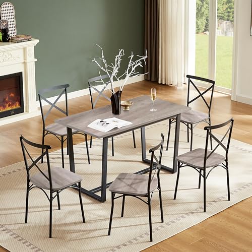 LUMISOL 7 Piece Dining Table Set, Heavy Duty Metal Dining Table Set with Faux Marble Tabletop, Kitchen Table Set with 6 Chairs for Kitchen, Dining Room, Living Room, Space-saving, White+Brown