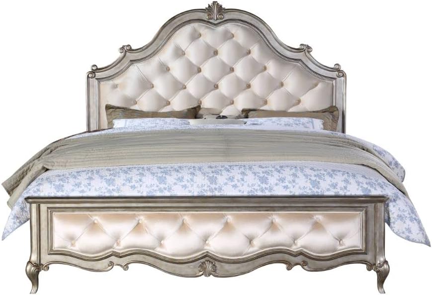 Acme Esteban Queen Tufted Panel Bed in Silver Velvet