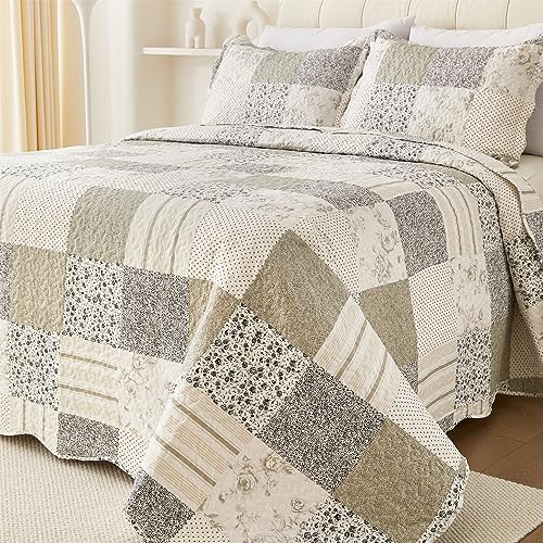 Summer Floral King Bedspread,Romantic Grey Quilt Set King,Reversible Stitched Bedding Set All Season,Soft Lightweight Coverlet with Pillow Cases (Dark Grey, King102 x90)