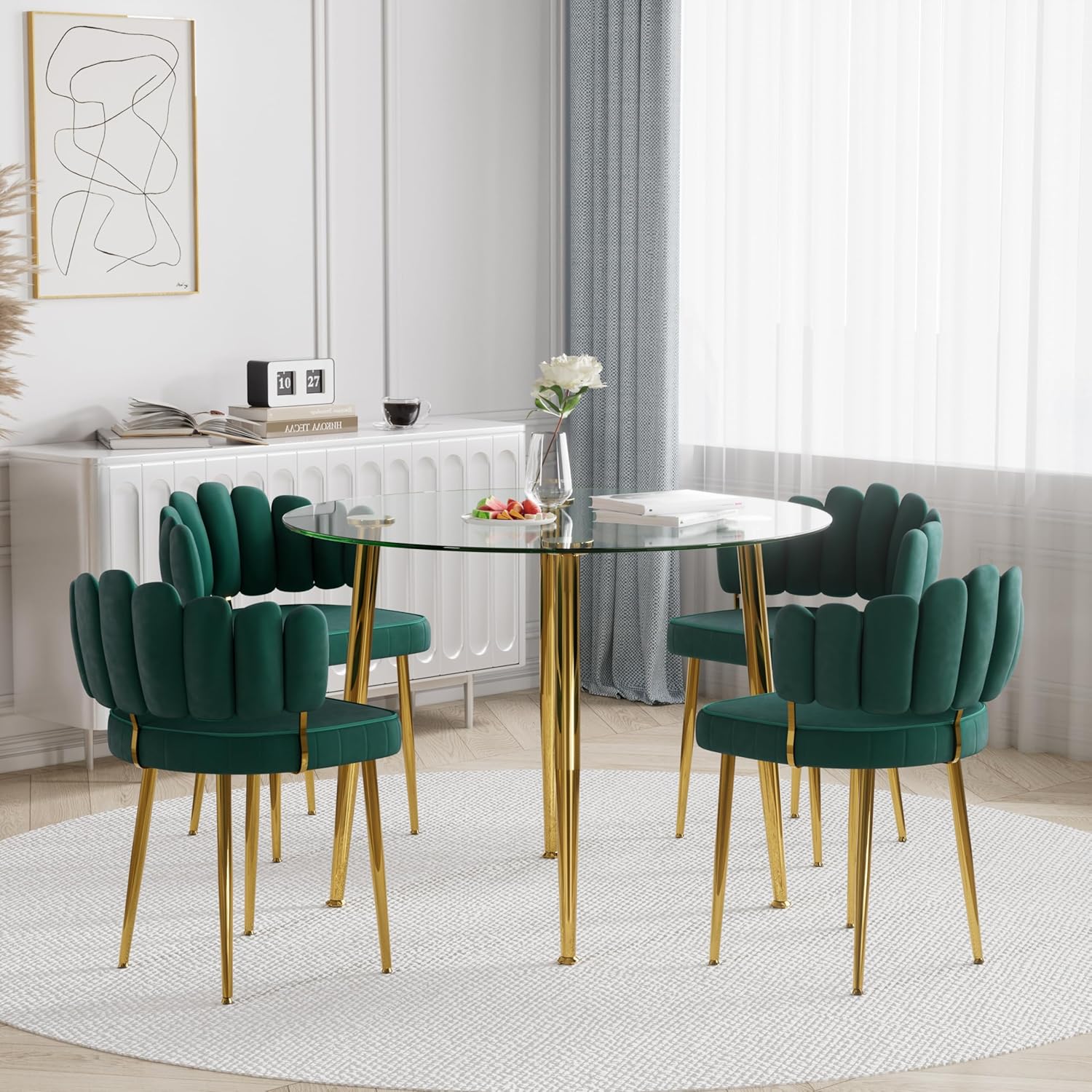Glass Round Dining Table Set for 4, Modern Circle Dining Room Table Set, 40'' Clear Glass Top Dinner Set, 5 Pcs Retro Circular Kitchen and Green Velvet Chairs Set, for Small Place Home
