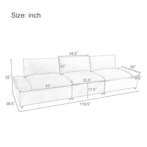 119'' Modular Sectional Sofa Couch with 2 Storage Units, Oversized Comfy Cloud Couch 3 Seater Sofa, Upholstered Couch with Extra Deep Seat, Sectional Sofa Couches for Living Room, Grey