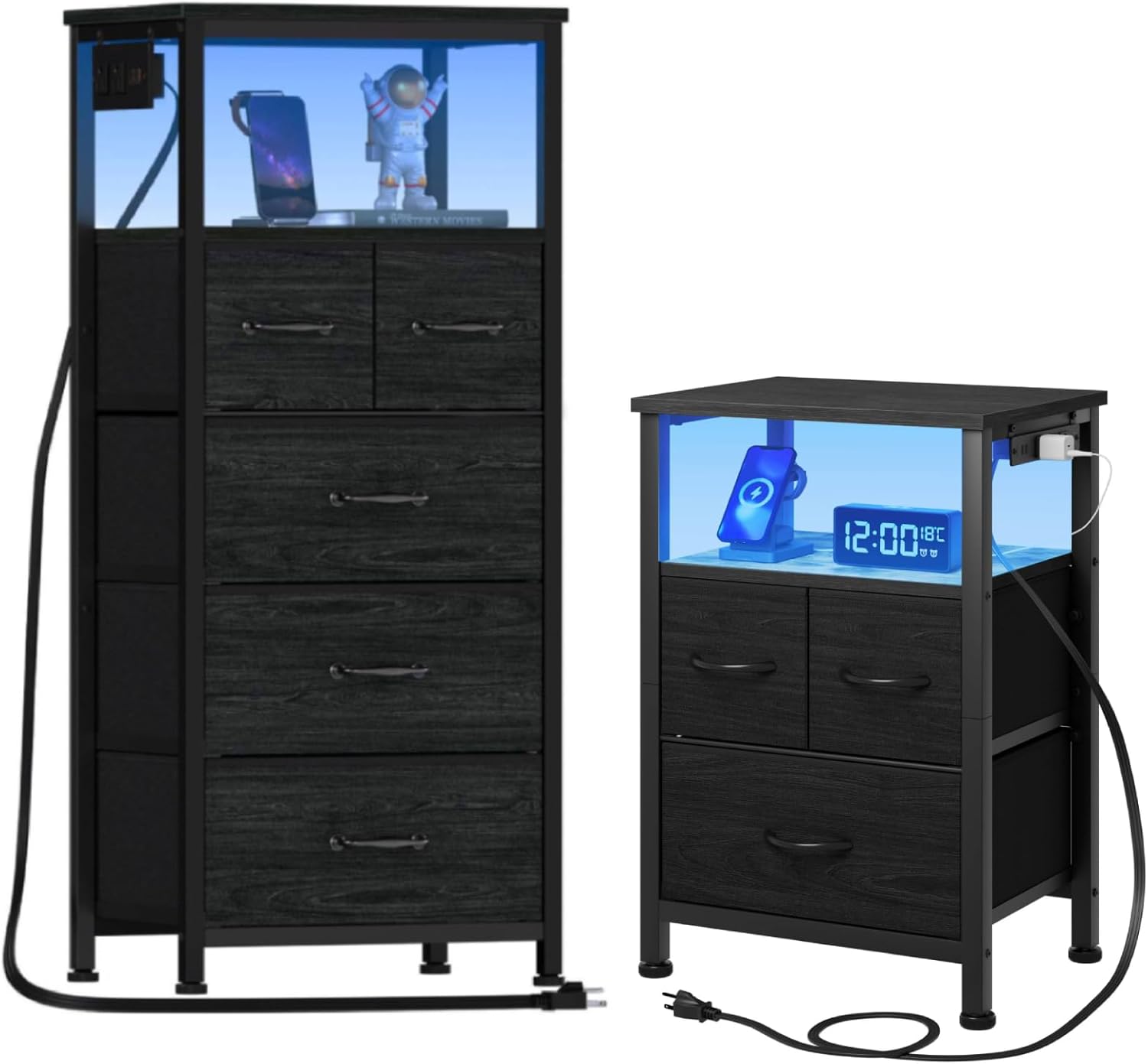 Furnulem Dresser and Nightstand Sets, Vertical Dresser with Charging Station and LED Lights+Nightstand with Wood Shelf