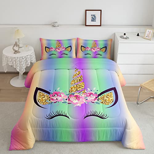 Smiling Eyelashes Princess Girly Comforter Set Full Size,Glitter Dreamy Bedding Set 3pcs for Kids Girls Adults Room Decor,Purple Gradient Glitter Quilt Set,Romantic Cute Duvet Insert,2 Pillowcases