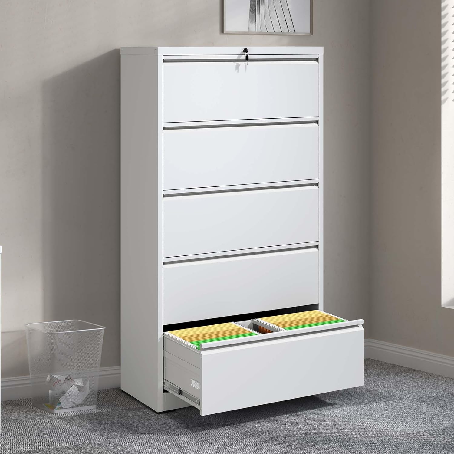 5 Drawer Metal Lateral File Cabinet, White Filing Cabinet with Lock, Lockable File Cabinet for Home Office, Locking Metal File Cabinet for Legal/Letter/A4/F4 Size