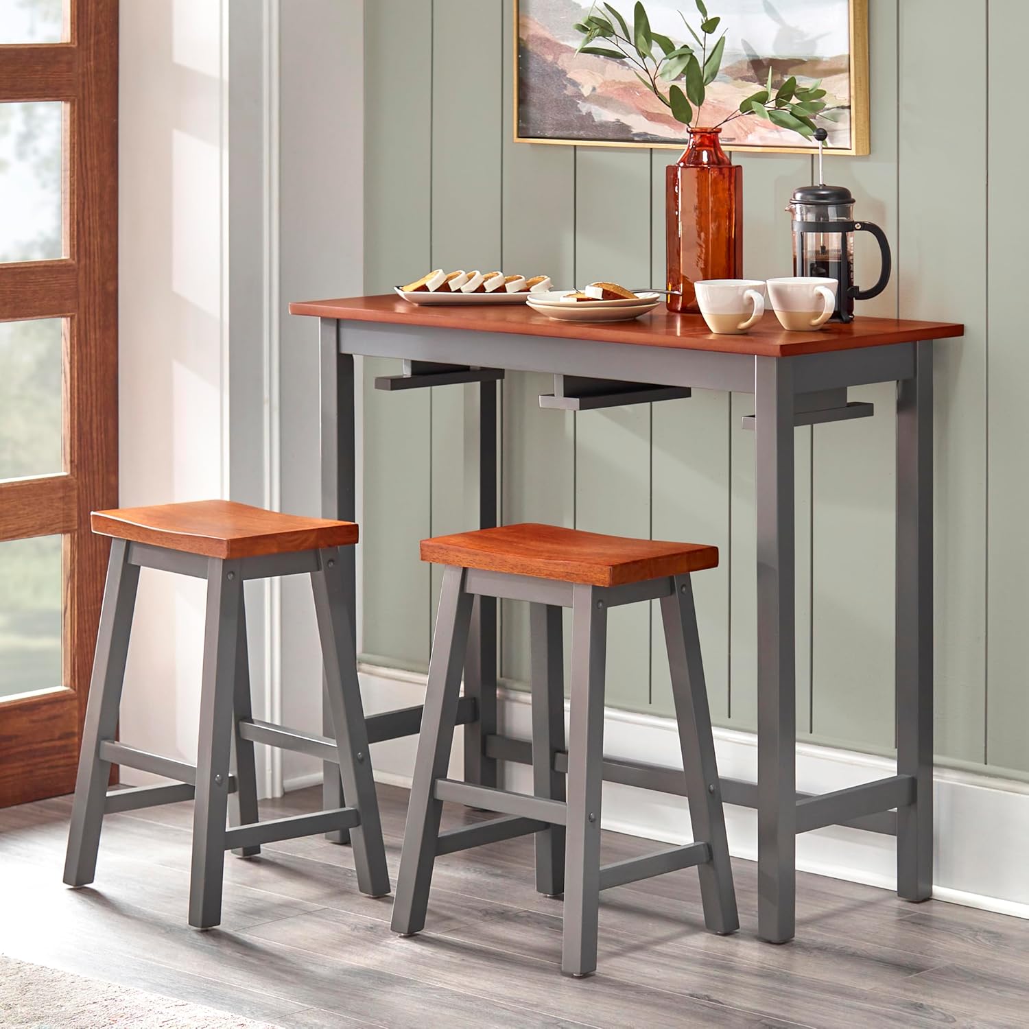 Townsend Counter Height Bar Table Set for 2 with Elegant Two-tone Finish, Space Saving Design, Stools with Footrest & Solid Rubberwood Legs, Walnut/Charcoal Gray