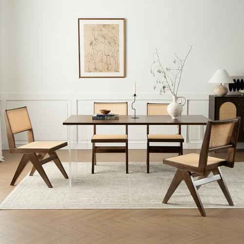 Rattan Dining Chair Mid Century Modern Cane Kitchen Chair Farmhouse Retro Solid Wooden Armless Side Chair for Dining Room, Living Room, Walnut