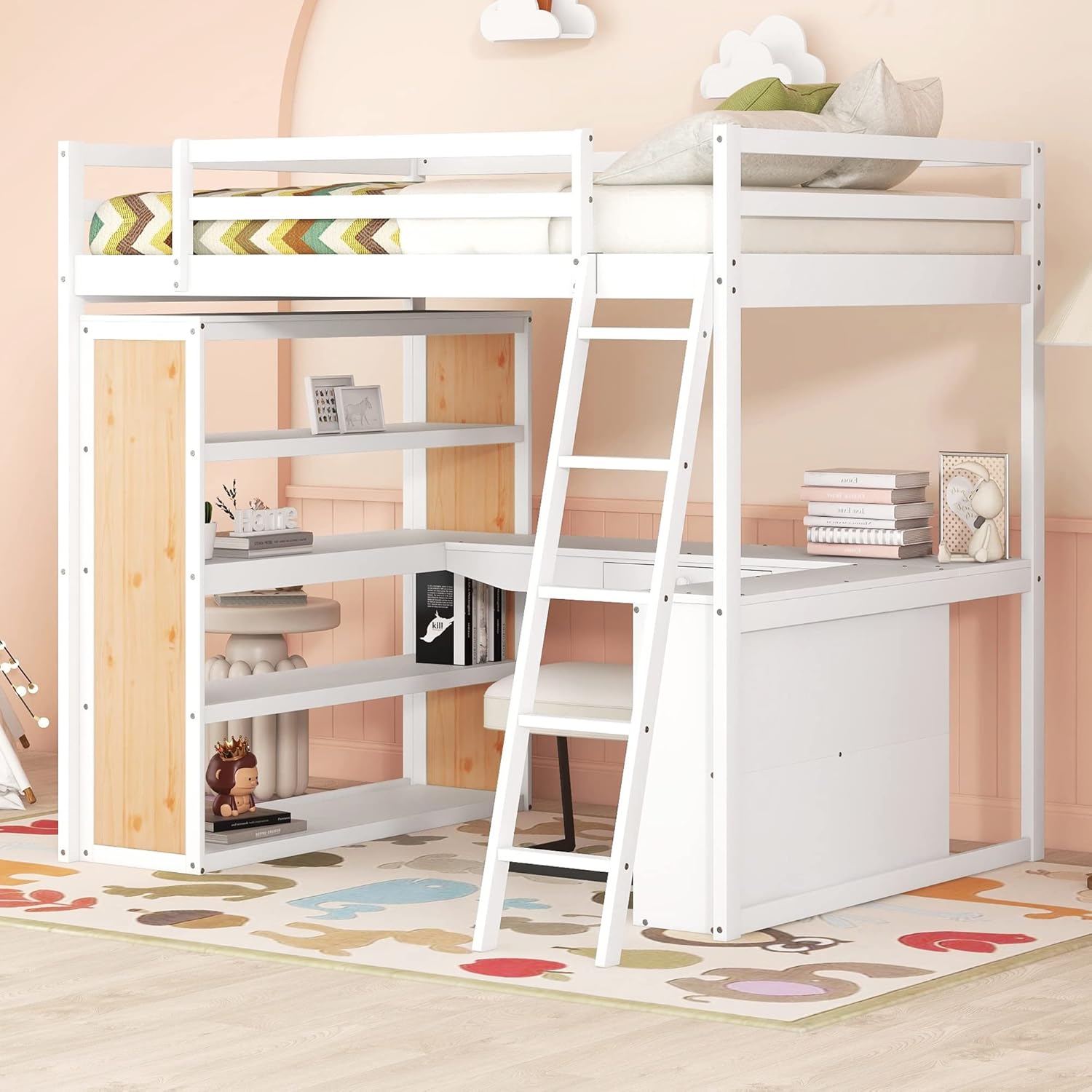 SOFTSEA Kids Loft Bed Frame Full with Storage Shelves, Desk and Ladder Solid Wood Loft Bed for Boys Girls with Full-Length, No Box Spring Needed, White