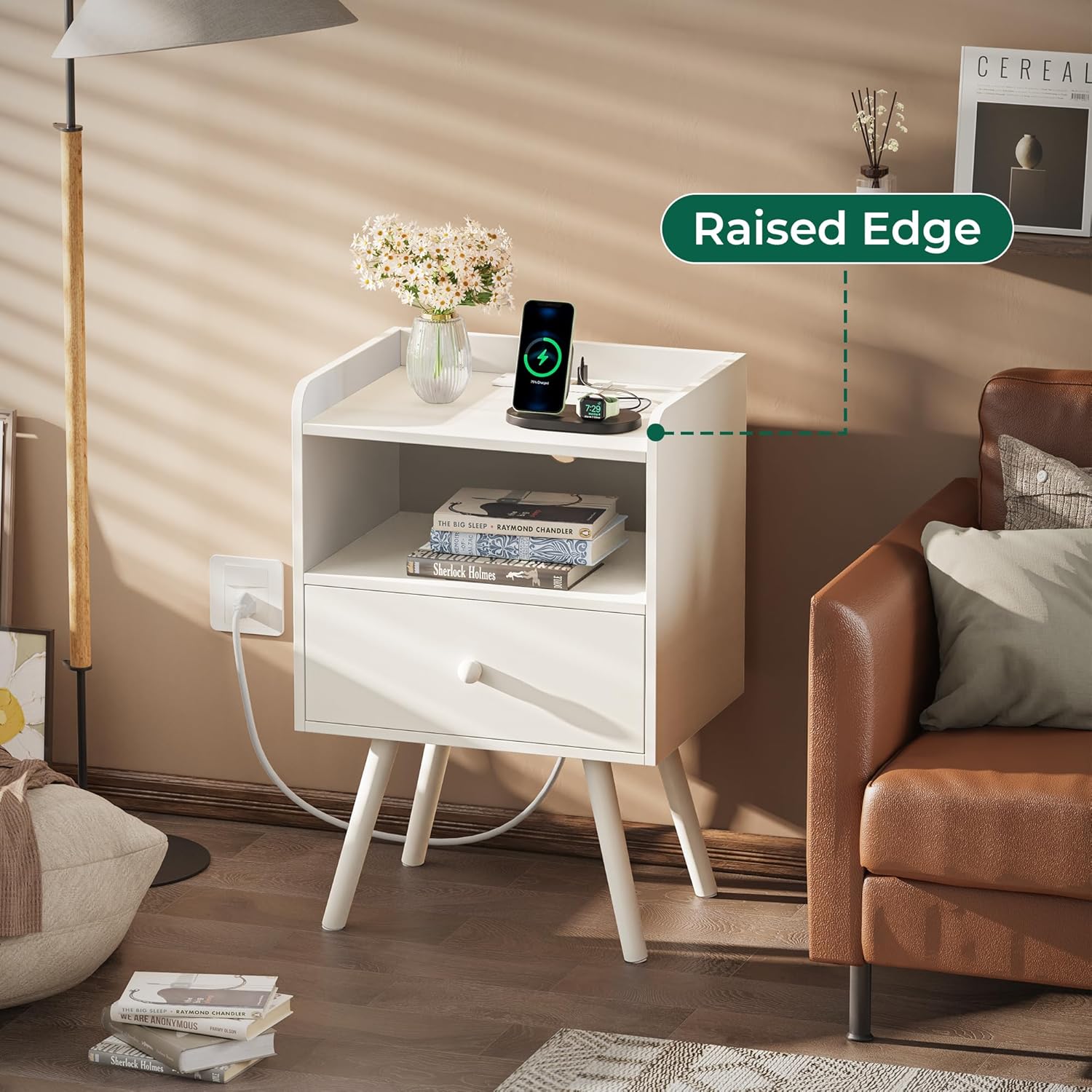 Nightstand with Charging Station and LED Lights and Drawer, Bed Side Tables Set of 2, Buffet Cabinet with Storage, Storage Cabinet with 2 Doors, White