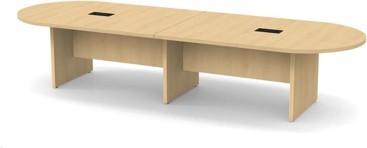 Natural Maple Finishes 12FT Modern Executive Racetrack Shaped Conference Room Table Panel Legs Wood Grommets Boardroom Meeting Office 2 Power Data Modules Black Oval Desk Hardwood