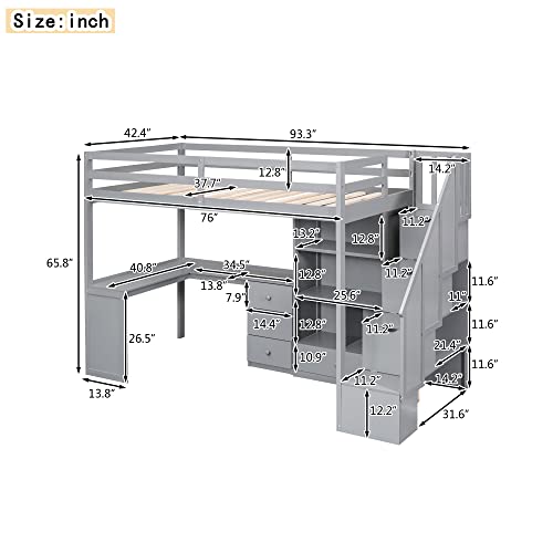 Twin Size Loft Bed Wooden Loft Bed Frame with L-Shaped Desk and 3 Drawers, Cabinet and Storage Staircase, High Loft Bed for Kids/Teens/Girls&Boys, White