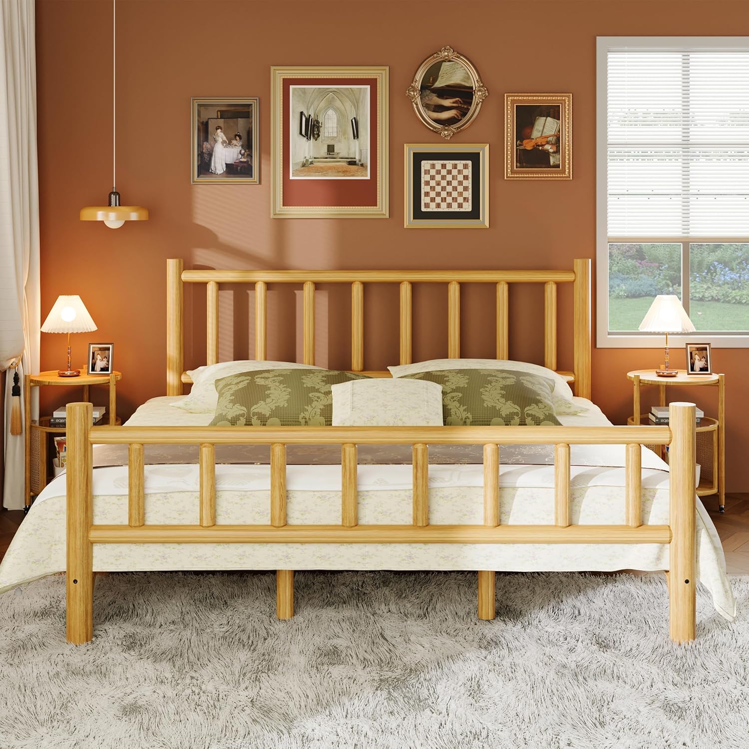 Farmhouse Log Bed Frame King Size, Rustic Style Pure Solid Pine Cylinder Construction, Natural Finish, Fits Mattresses and Box Springs