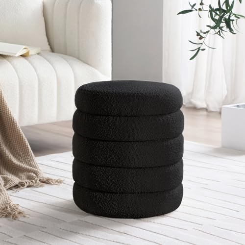 Modern Round Ottoman with Soft Padded Seat, Storage Vanity Chairs for Makeup, Upholstered Footrest Stool Ottoman Foot Stool for Living Room, Bedroom