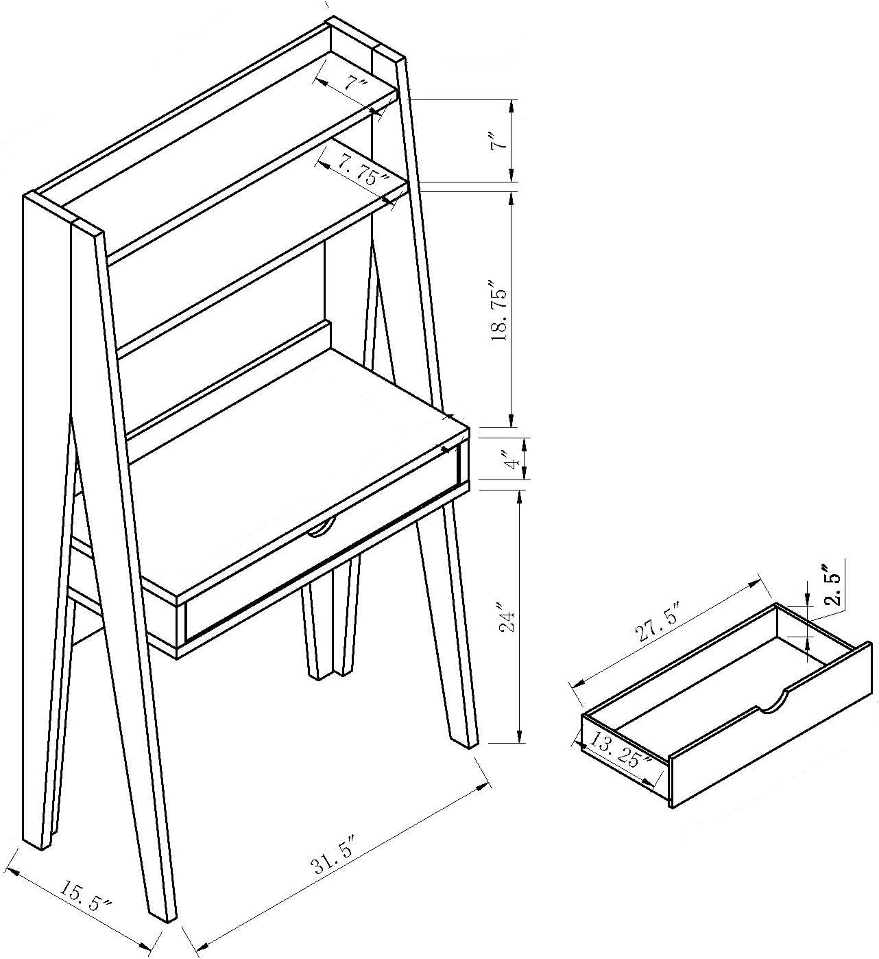 Ladder Desk, Home Office Study Desk with Drawer and Two Shelves in Red Cocoa