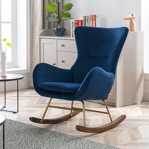 Upholstered Rocking Chair, Modern Velvet Fabric Living Room Accent Chair Nursery Glider Rocker Comfy Armchair for Lounge/Bedroom/Reception, Blue