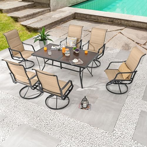 7 Pieces Outdoor Dining Set for 6 Patio Furniture Set Metal Table with Aluminum Composite Panel Tabletop Swivel Chairs, Beige