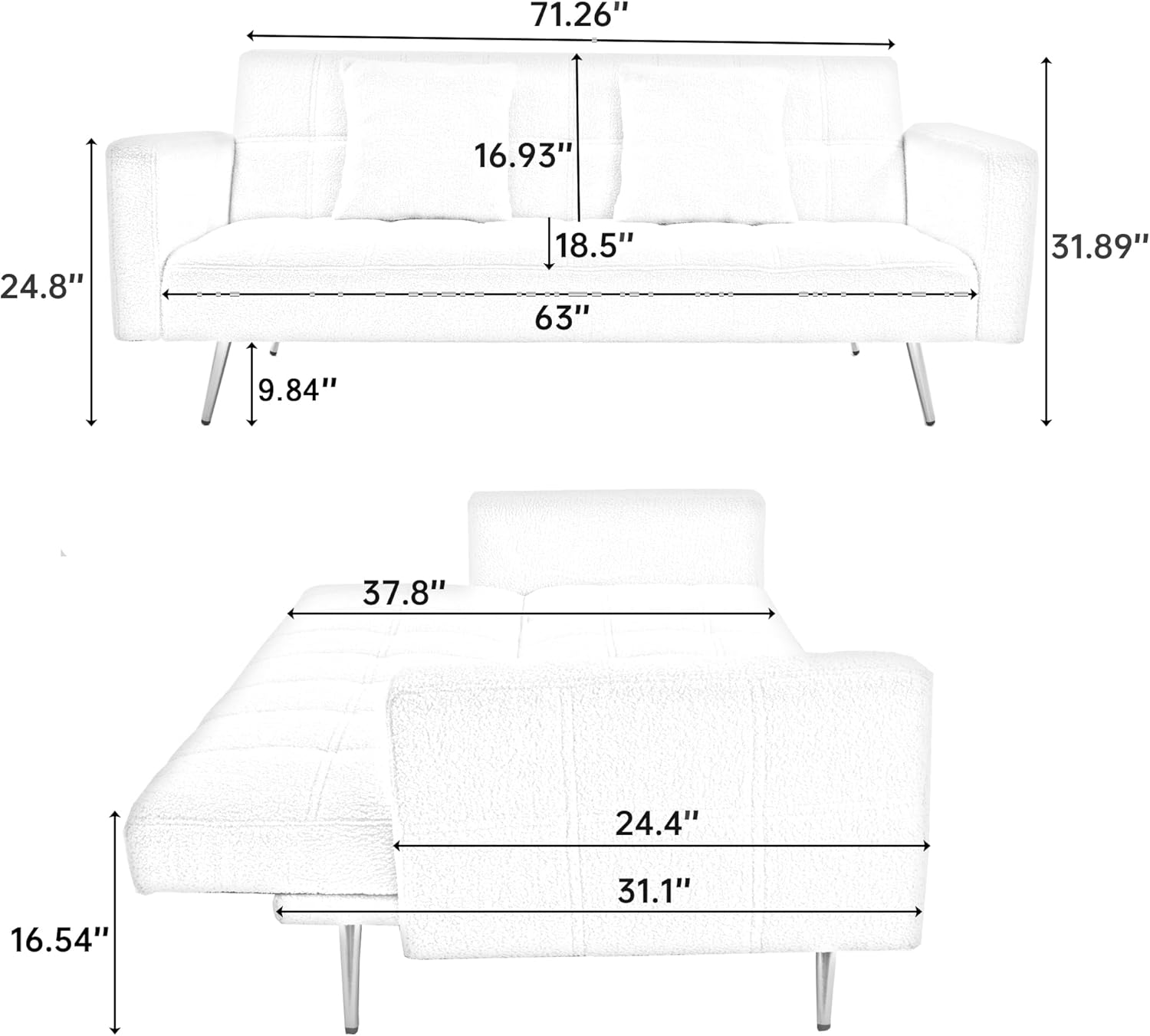 71.7 Inch Pink Teddy Fleece Sofa Bed with Two Throw Pillows - Stylish and Comfortable Sleeper Sofa