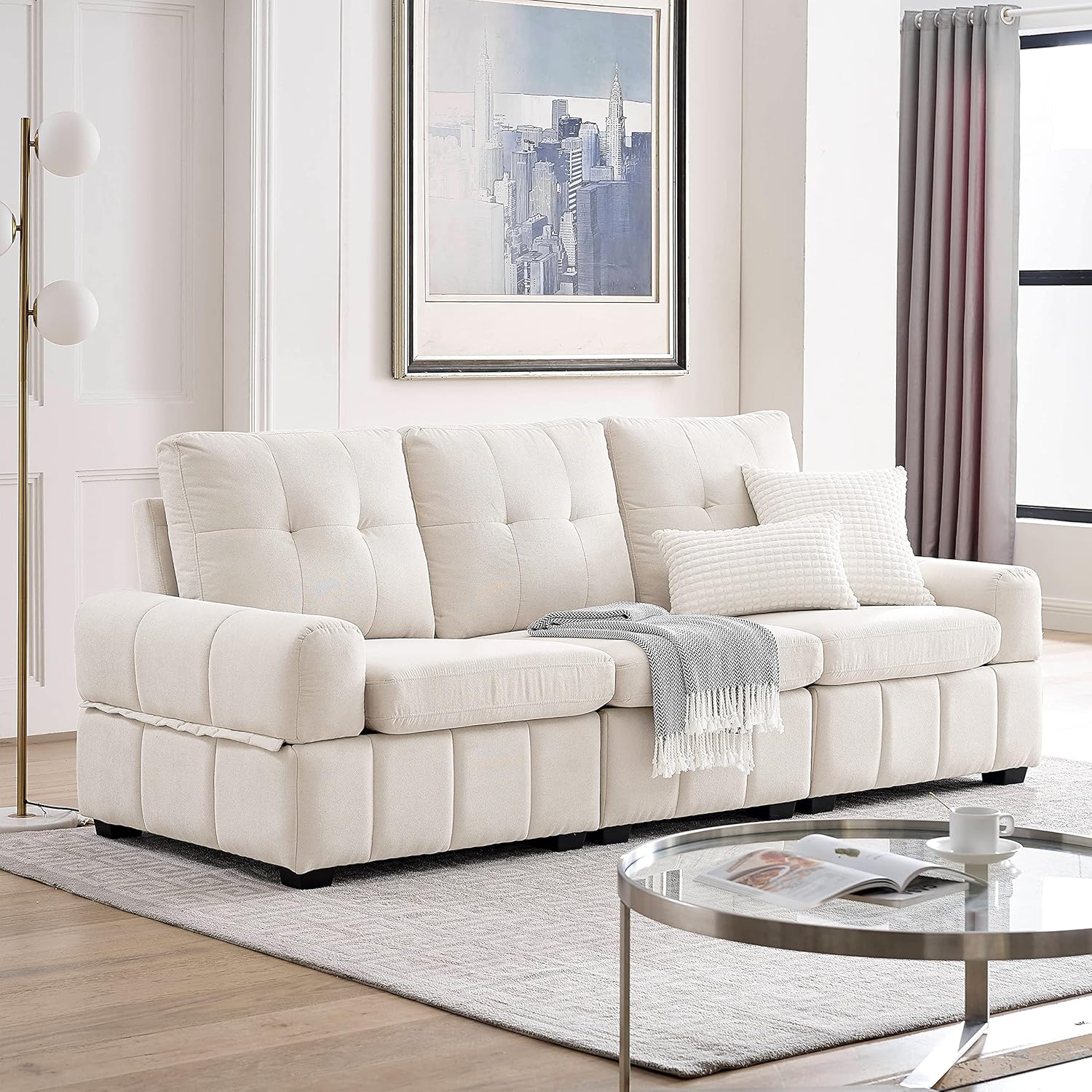Modern Tufted Living Room Sofa with Storage Space, High Back Height Upholstered Futon Sofa, for Apartment, Dorm, Reception