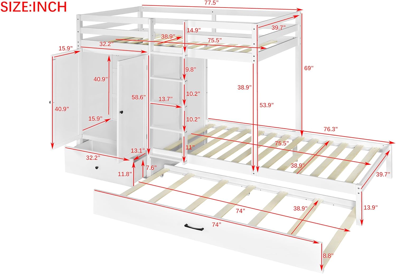 Twin-over-twin Bunk Bed with Wardrobe, Drawers and Shelves, White 108.5X 39.7X 69 inch(LxWxH)