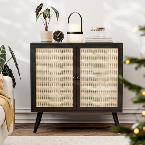 IKIFLY Black Rattan Sideboard Buffet Cabinet with 2 Handmade Natural Rattan Doors, Accent Storage Cabinet for Living Room, Hallway, Entryway, Kitchen