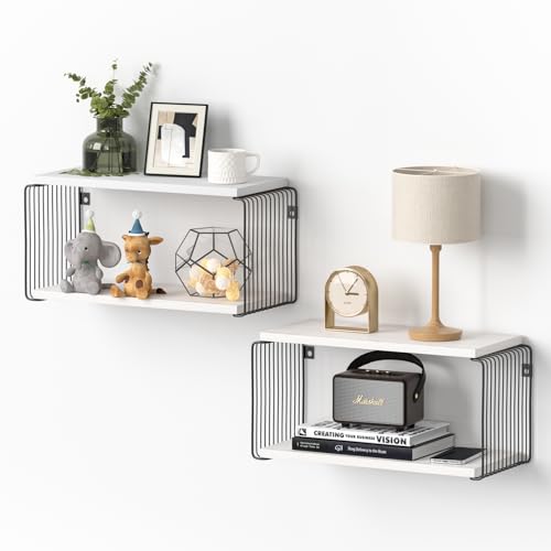 Adowes Floating Nightstand 2 Pack Metal Geometric Modern 2 Tier Nightstand for Wall Minimalist Floating Bedside Tables Bedroom Side Table Bedside Shelf Small Night Stand Weathered Walnut