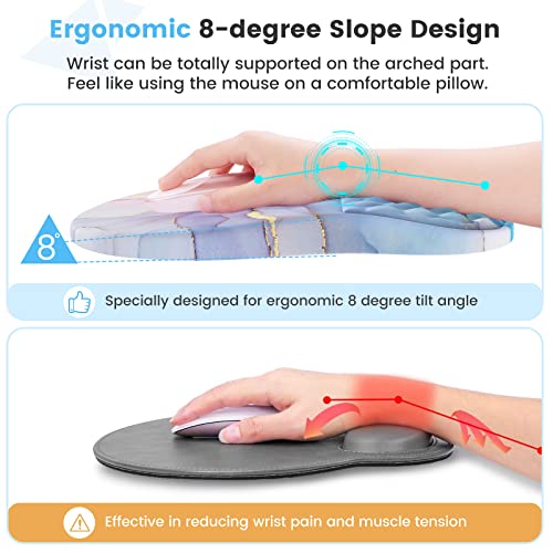 HAOCOO Ergonomic Mouse Pad Wrist Support and Keyboard Wrist Rest, 3 PCS Computer Mouse Pad with Wrist Rest Set for Desk with Coaster, Memory Foam Mousepad for Office School Hand, Blue Pink Marble
