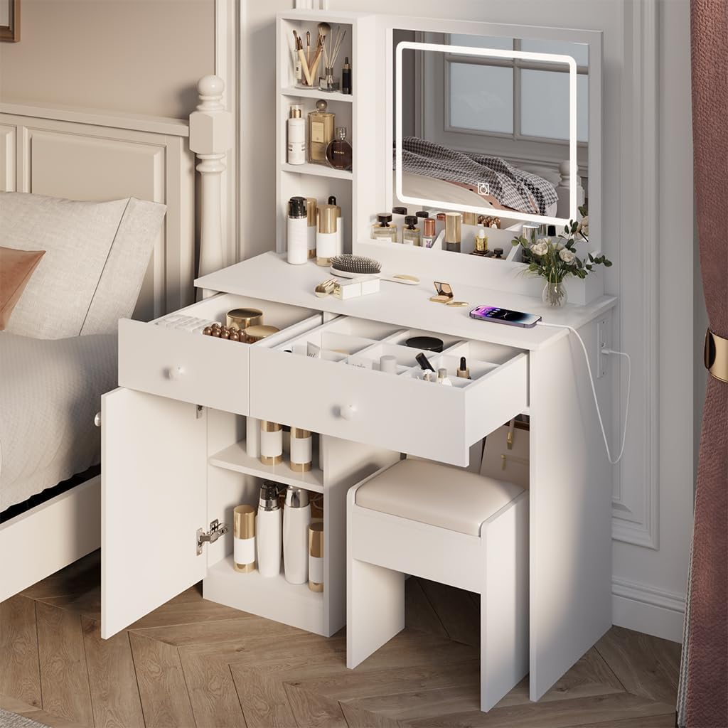 White Vanity Desk with Mirror, 3 Color Lighting Modes and Charging Station, Large Makeup Table Set with 2 Drawers, 1 Cabinet, Hidden and Open Shelves, Vanity Table with Cushioned Stool