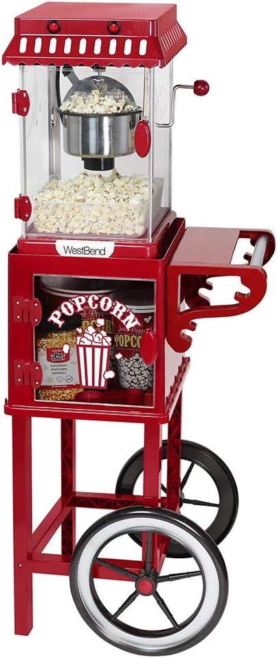 West Bend PCMC20RD13 Wheeled Popcorn Cart with Non-Stick Stainless Steel Popcorn Kettle, Storage Shelf, and Popcorn Scoop for Popcorn Machine, 10 Cup, Red