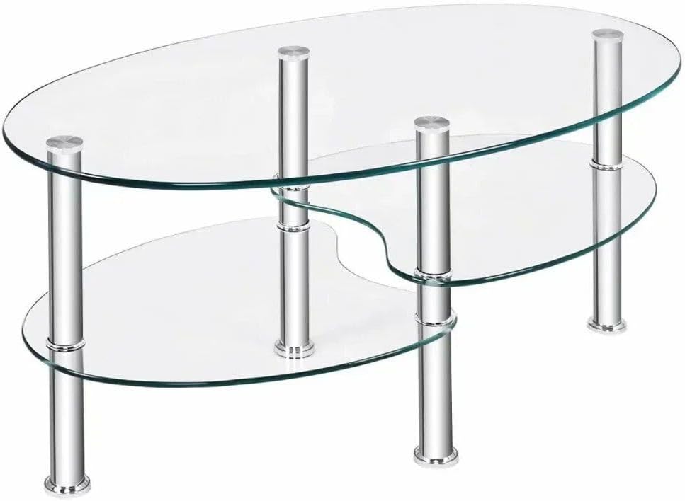 Elegant Oval Tempered Glass Coffee Table with 3 Tiers and Steel Frame, 35.5 x 18 x 20 in, Clear