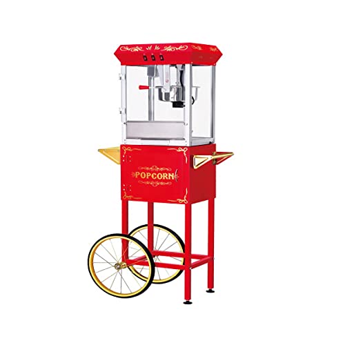Foundation Popcorn Machine and Cart – 3 Gallon Popcorn Popper, 8oz Kettle, Warmer Tray and 5 All-in-One Popcorn Packs by Great Northern Popcorn (Red)