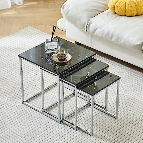 Nesting Coffee Table Set of 3,Rectangular Square Center Cocktail Table Modern,Accent Table Plant Stand Side Table for Living Room Bedroom,Faux Marble Gloss White Small Contemporary Chrome Leg