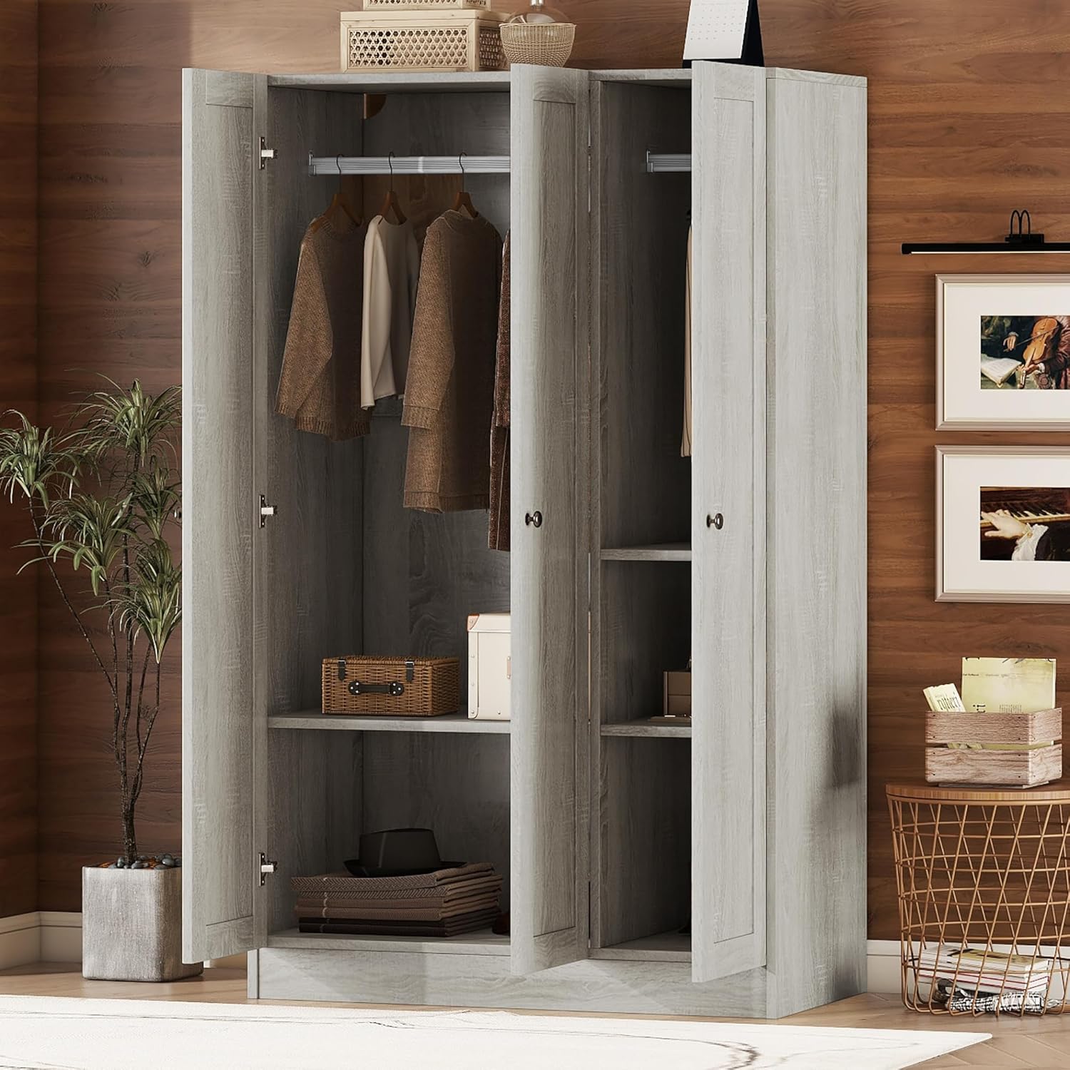 Stylish 3-Door Wardrobe with Shelving and Hanging Rod – Spacious Freestanding Bedroom Armoire Organizer, Gray