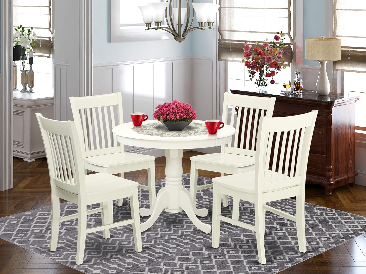 East West Furniture Modern Fantastic Wooden 5 Piece Dinette Set for 4 Includes a Round Kitchen Table with Pedestal and 4 Dining Room Chairs, 36x36 Inch, Linen White