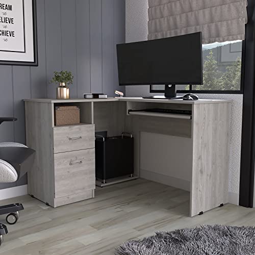 L-Shaped Computer Desk with Storage, Home Office Corner Desk with Keyboard Tray and CPU Stand, Compact Laptop Notebook Computer Workstation for Space-Saving Design, Grey