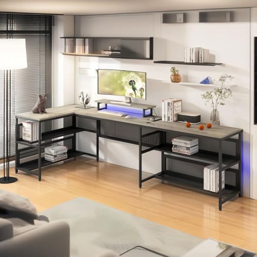 NicBex Home Office Desks Versatile U-Shaped Desk with Shelve and Led Lights Study Table with Storage Computer Desk with Drawers Long Desk for Living Room, Home Office, Study Room, Gray