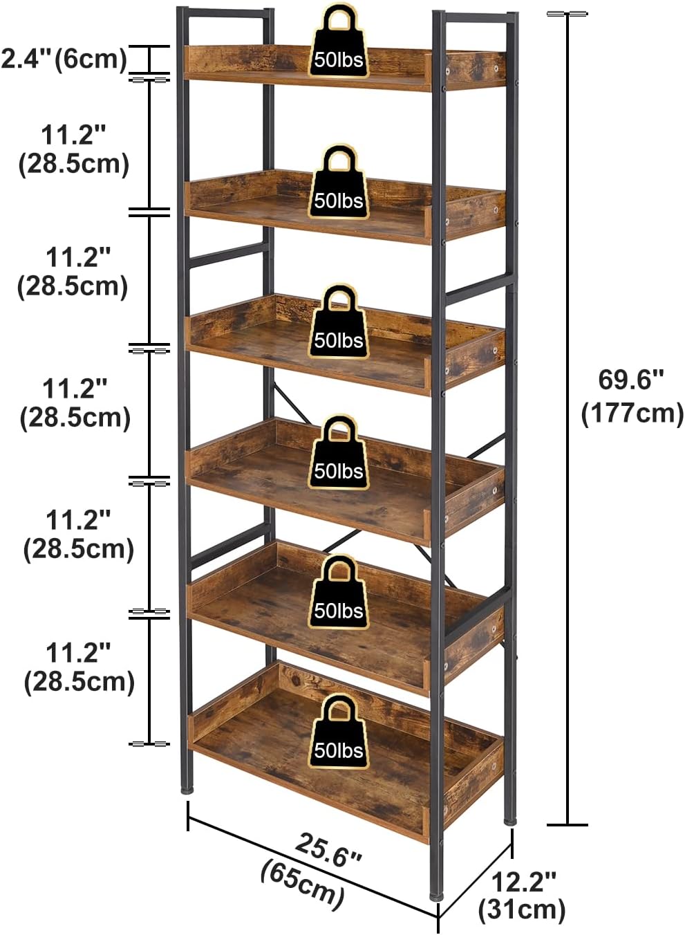 Bookshelf Bookcase 6-Tier Storage Rack with Open Shelves, Vintage Standing Bookshelves Metal Frame Industrial Display Rack for Living Room Bedroom, Rustic Brown and Matte Black