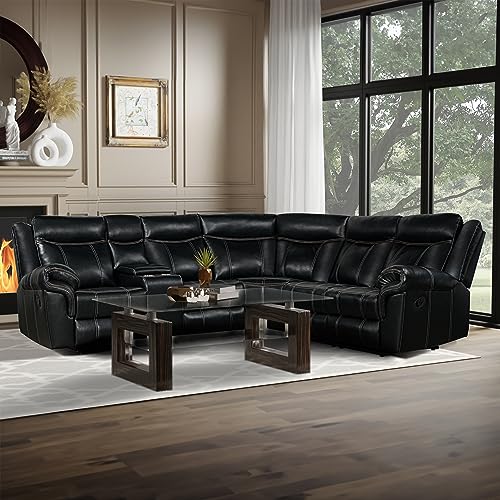 L Shape Reclining Sectional Sofa Manual Home Theater Seating w/Cup Holders &Hide-Away Storage for Living Room Office,Heavy Duty Recliner Fabric Leisure Sofa Set w/Sockets&USB Ports for Elderly (Grey)